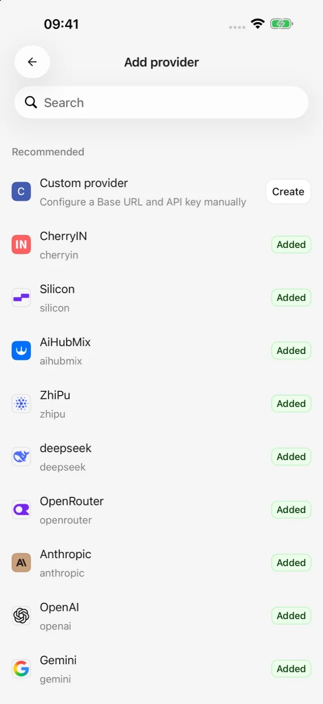 Cherry Studio 移动版添加服务商页面