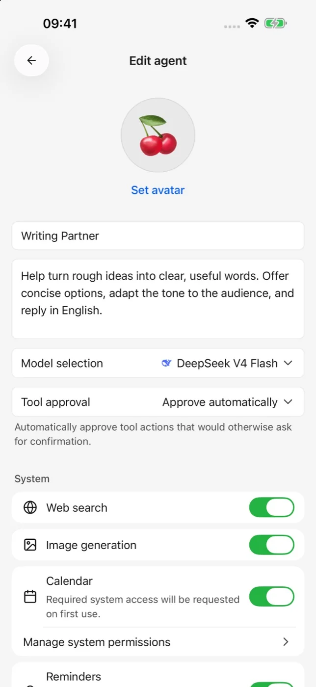 Cherry Studio 移动版 iPhone 智能体编辑页面